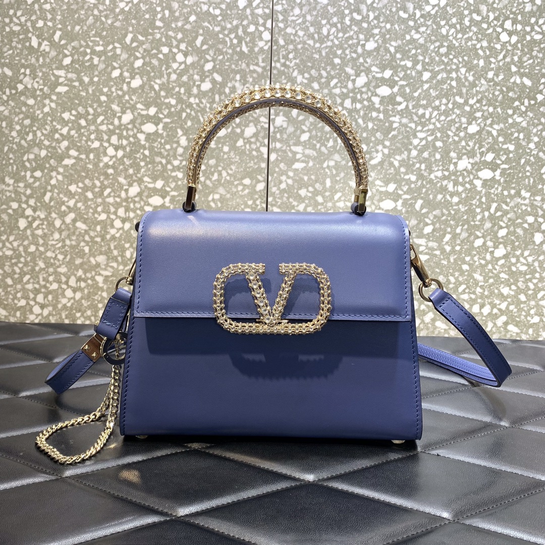 Valentino Garavani Vsling Small Handbag in Porcelain Blue Grainy Calfskin 